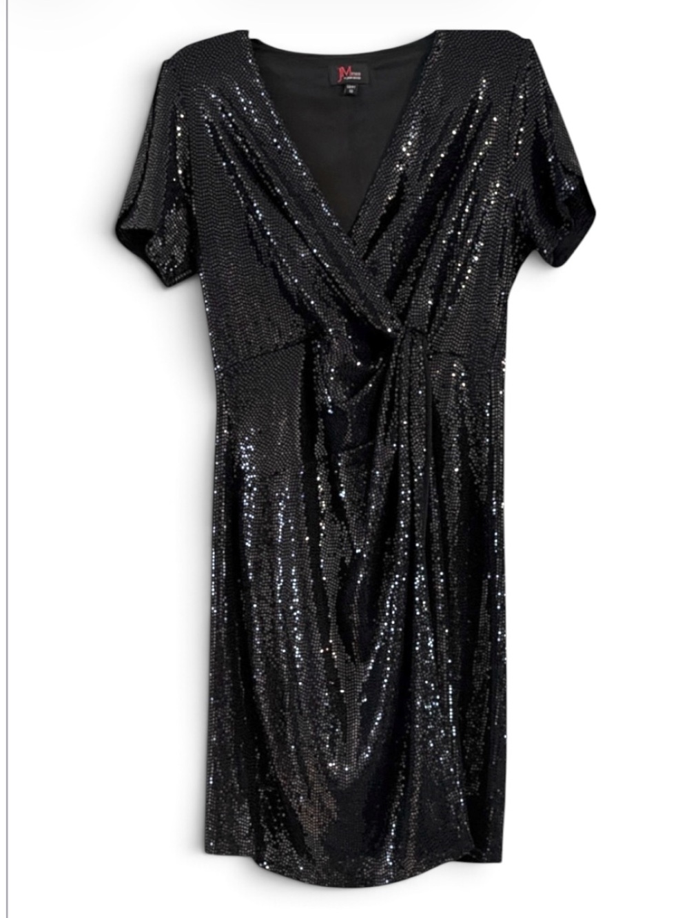 JM Studio By John Meyer Black Sequin Faux-Wrap Midi Black Tie Gala Dress Size 10